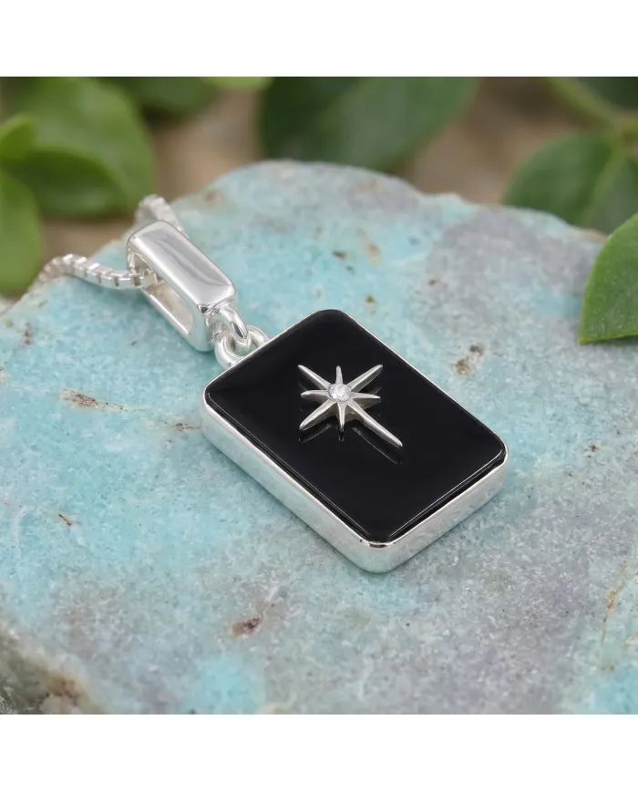 Black Onyx Moissanite Compass Star Pendant | 925 Sterling Silver