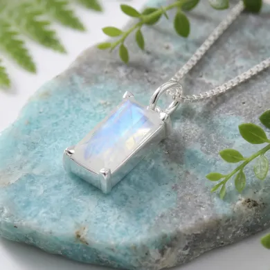 Rainbow Moonstone Rectangular Pendant - 925 Sterling Silver Jewelry