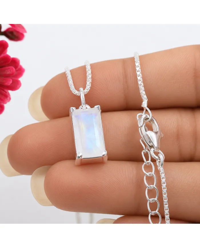 Rainbow Moonstone Rectangular Pendant - 925 Sterling Silver Jewelry