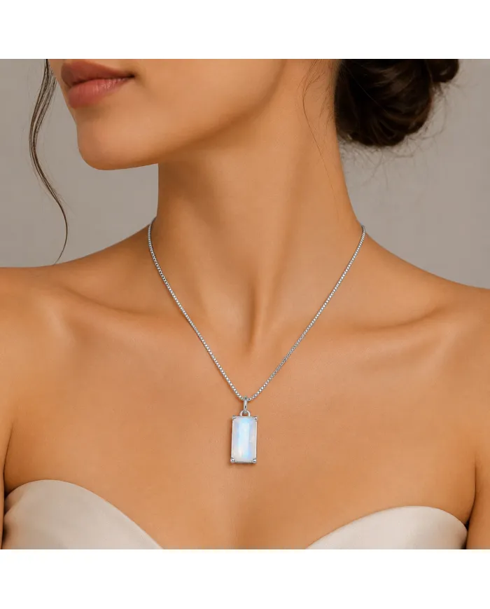 Rainbow Moonstone Rectangular Pendant - 925 Sterling Silver Jewelry