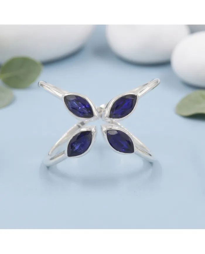 Blue Sapphire Marquise Leaf Ring - 925 Sterling Silver Gift for Women