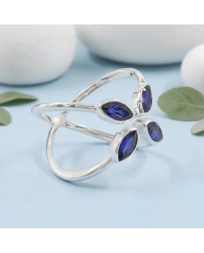 Blue Sapphire Marquise Leaf Ring - 925 Sterling Silver Gift for Women
