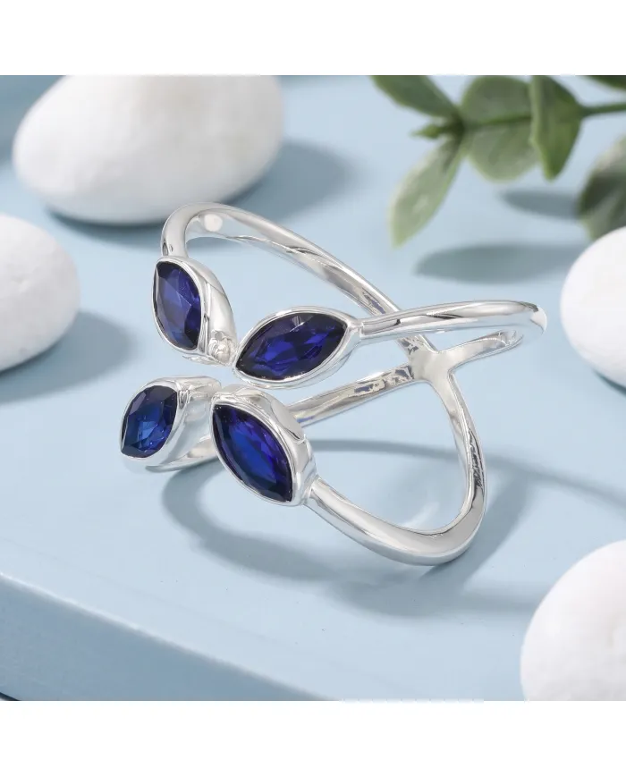 Blue Sapphire Marquise Leaf Ring - 925 Sterling Silver Gift for Women