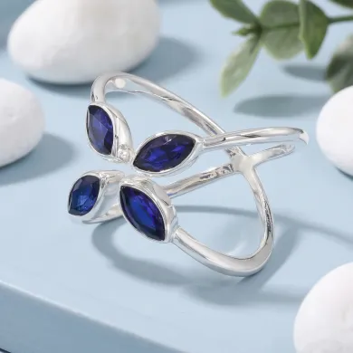Blue Sapphire Marquise Leaf Ring - 925 Sterling Silver Gift for Women