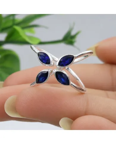 Blue Sapphire Marquise Leaf Ring - 925 Sterling Silver Gift for Women