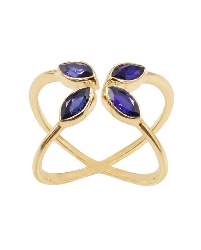 18K Gold Plated Blue Sapphire Marquise Leaf Ring | September Birthstone