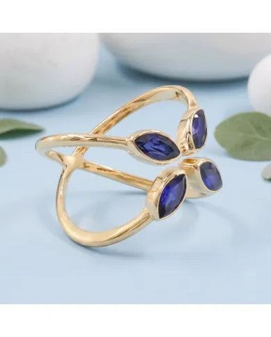 18K Gold Plated Blue Sapphire Marquise Leaf Ring | September Birthstone