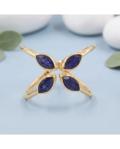 18K Gold Plated Blue Sapphire Marquise Leaf Ring | September Birthstone