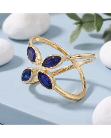 18K Gold Plated Blue Sapphire Marquise Leaf Ring | September Birthstone