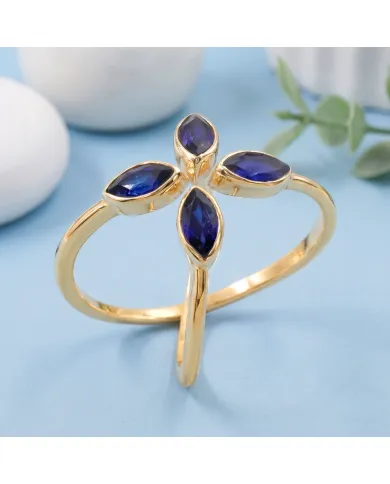 18K Gold Plated Blue Sapphire Marquise Leaf Ring | September Birthstone