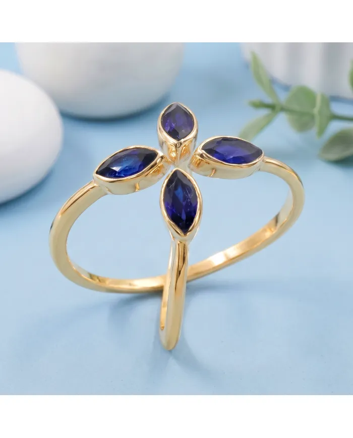 18K Gold Plated Blue Sapphire Marquise Leaf Ring | September Birthstone