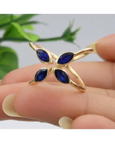 18K Gold Plated Blue Sapphire Marquise Leaf Ring | September Birthstone