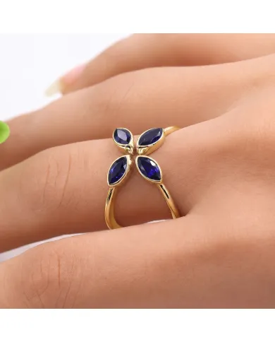 18K Gold Plated Blue Sapphire Marquise Leaf Ring | September Birthstone