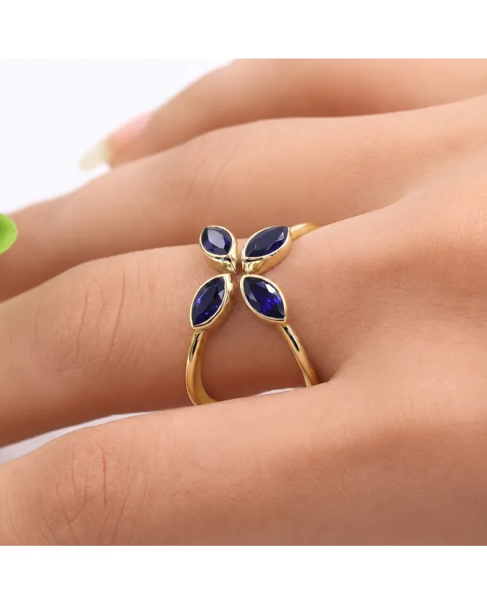 18K Gold Plated Blue Sapphire Marquise Leaf Ring | September Birthstone