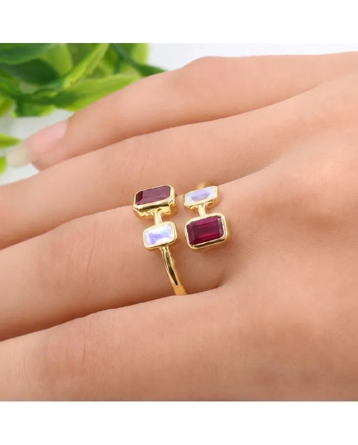 18K Gold Plated Ruby & Moonstone Ring – Gemstone Jewelry Gift for Her