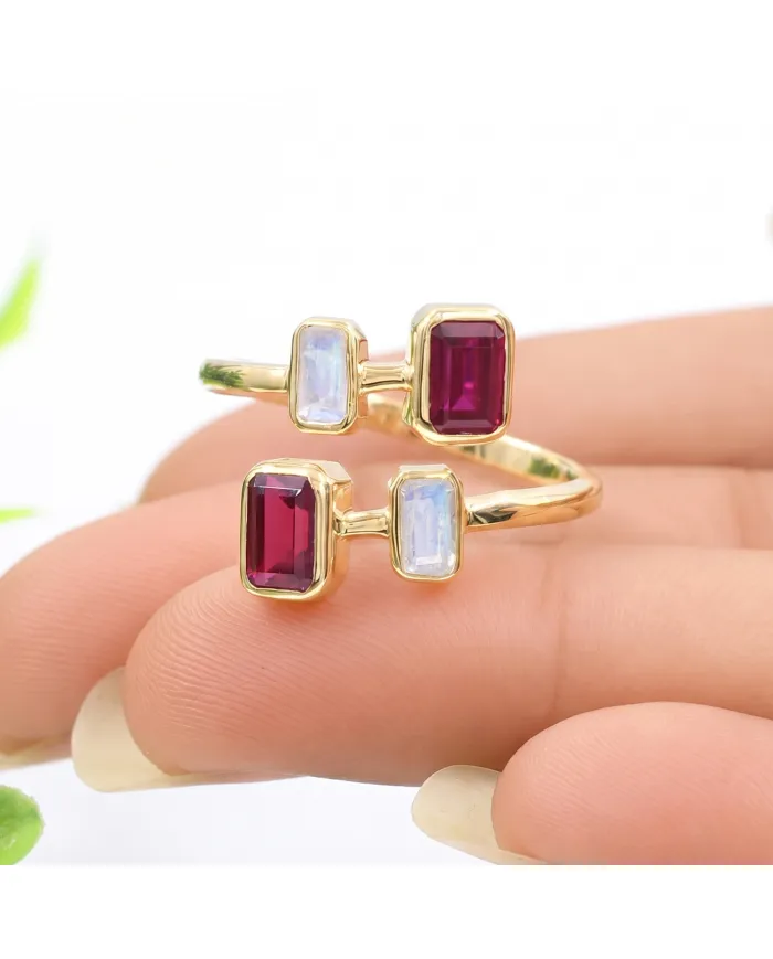 18K Gold Plated Ruby & Moonstone Ring – Gemstone Jewelry Gift for Her