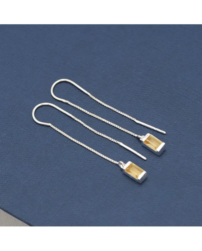 Citrine Thread Earrings - 925 Sterling Silver Handmade Jewelry