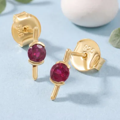 18K Gold Plated Ruby Stud Earrings - Handmade Gift for Women