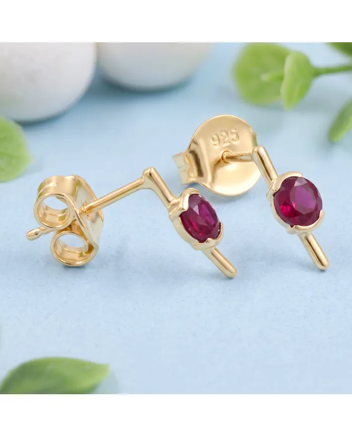 18K Gold Plated Ruby Stud Earrings - Handmade Gift for Women