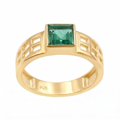 18K Gold Plated Emerald Solitaire Ring – Handmade May Birthstone Jewelry