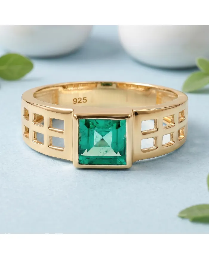 18K Gold Plated Emerald Solitaire Ring – Handmade May Birthstone Jewelry