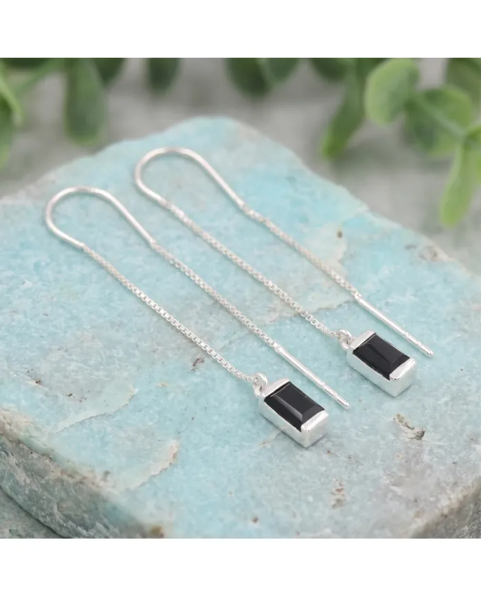 Black Onyx Threader Earrings - 925 Sterling Silver Handmade Jewelry