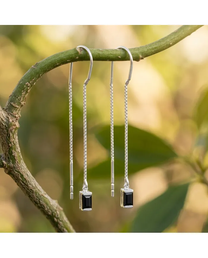 Black Onyx Threader Earrings - 925 Sterling Silver Handmade Jewelry