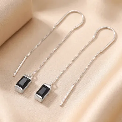Black Onyx Threader Earrings - 925 Sterling Silver Handmade Jewelry