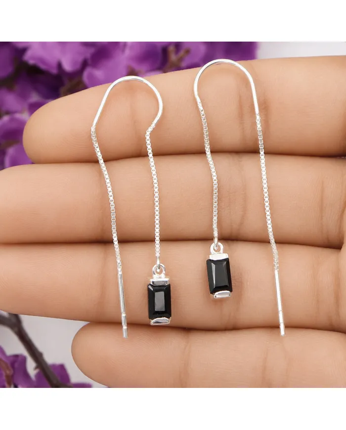 Black Onyx Threader Earrings - 925 Sterling Silver Handmade Jewelry