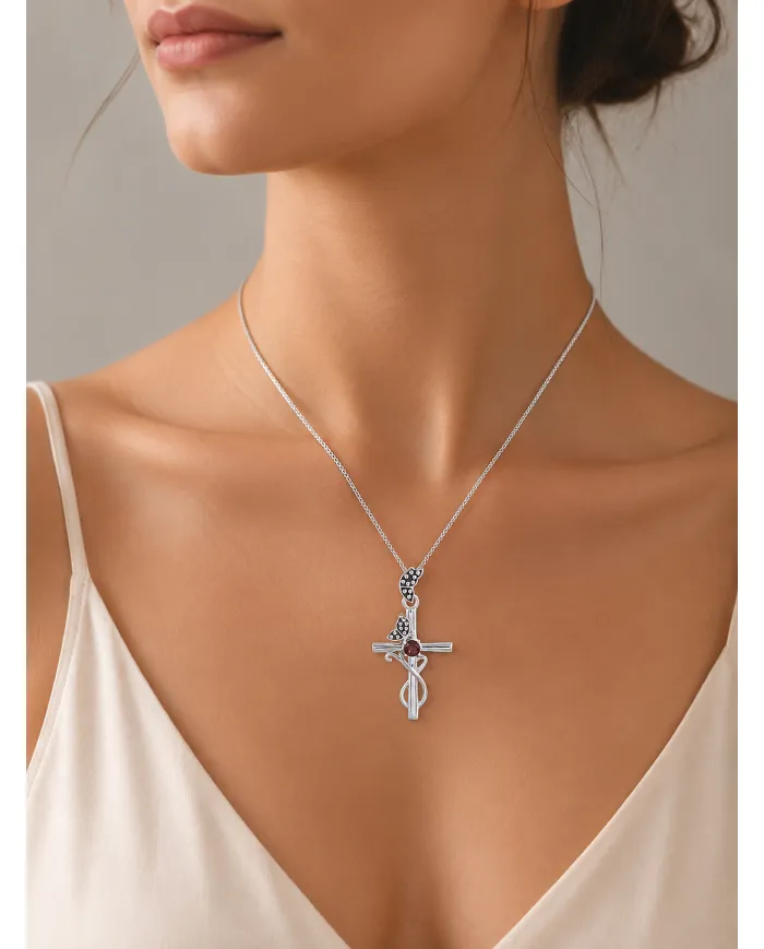 Garnet Butterfly Cross Necklace - 925 Sterling Silver Crucifix Pendant