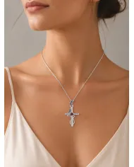 Garnet Butterfly Cross Necklace - 925 Sterling Silver Crucifix Pendant