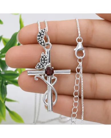 Garnet Butterfly Cross Necklace - 925 Sterling Silver Crucifix Pendant