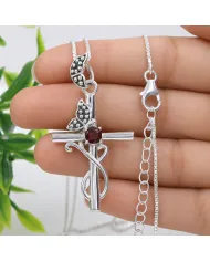 Garnet Butterfly Cross Necklace - 925 Sterling Silver Crucifix Pendant