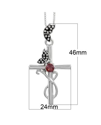 Garnet Butterfly Cross Necklace - 925 Sterling Silver Crucifix Pendant