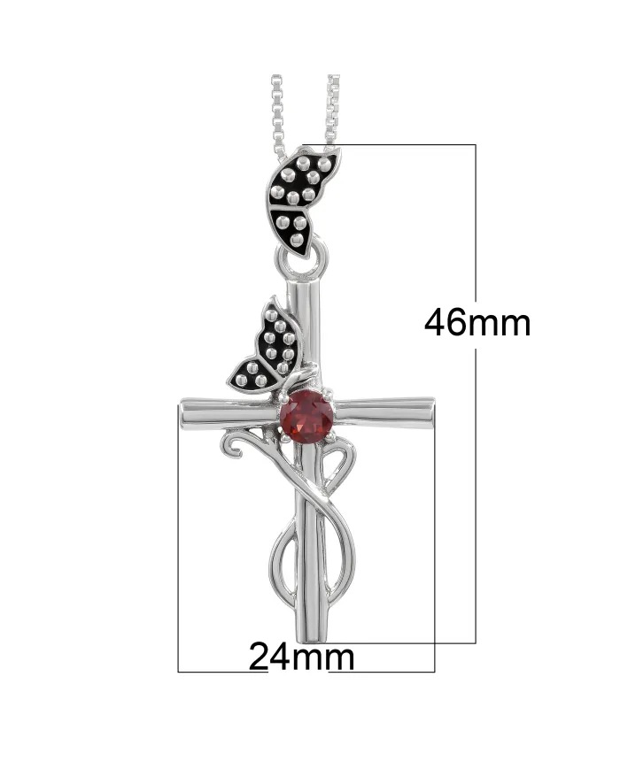 Garnet Butterfly Cross Necklace - 925 Sterling Silver Crucifix Pendant