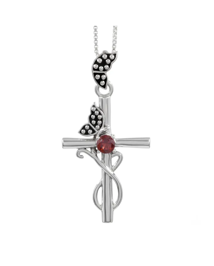 Garnet Butterfly Cross Necklace - 925 Sterling Silver Crucifix Pendant