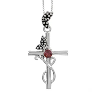 Garnet Butterfly Cross Necklace - 925 Sterling Silver Crucifix Pendant