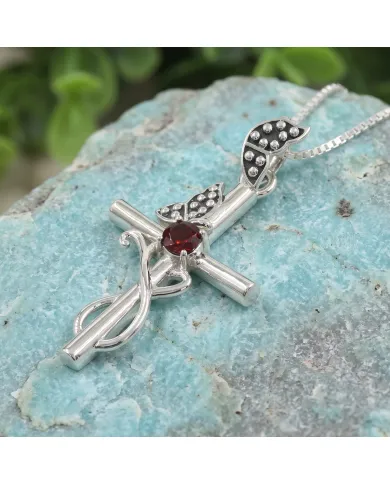 Garnet Butterfly Cross Necklace - 925 Sterling Silver Crucifix Pendant