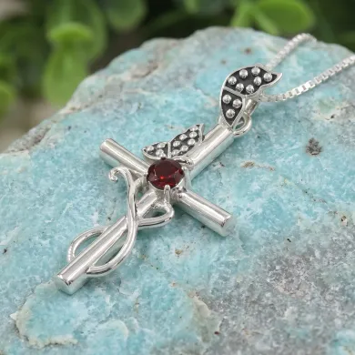 Garnet Butterfly Cross Necklace - 925 Sterling Silver Crucifix Pendant