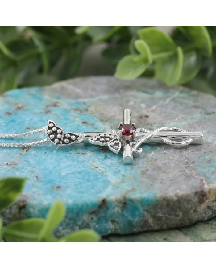 Garnet Butterfly Cross Necklace - 925 Sterling Silver Crucifix Pendant