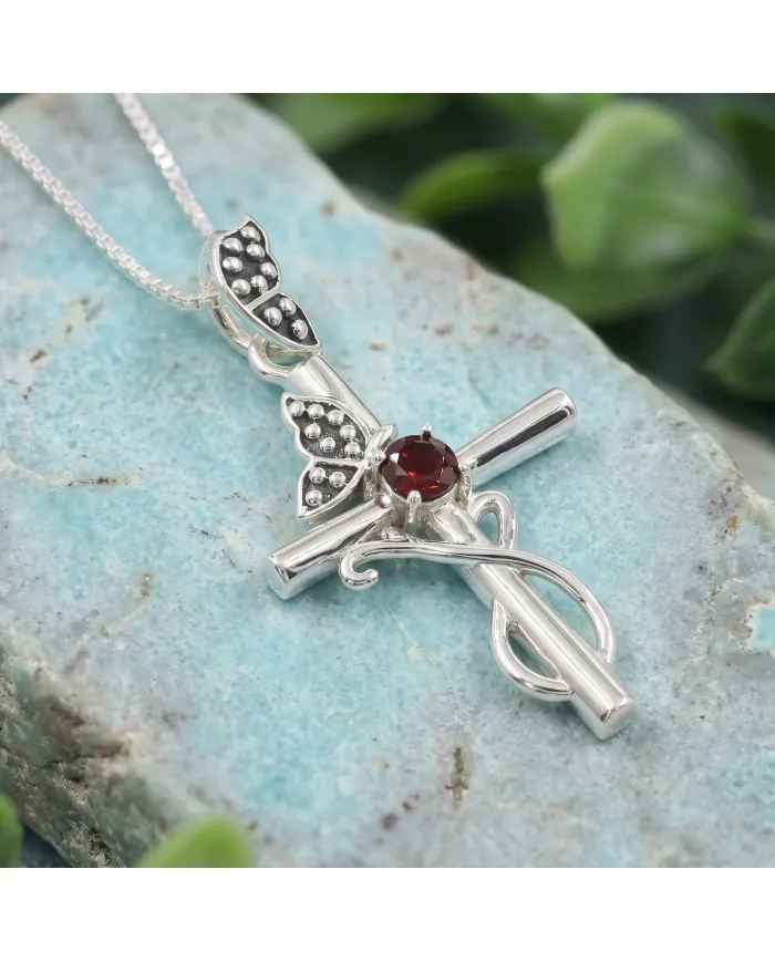 Garnet Butterfly Cross Necklace - 925 Sterling Silver Crucifix Pendant