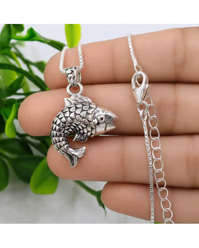 925 Sterling Silver Fish Pendant Necklace - Handmade Unisex Jewelry