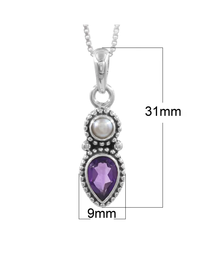 Amethyst & Pearl Pendant 925 Sterling Silver Handmade Boho Necklace