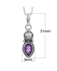 Amethyst & Pearl Pendant 925 Sterling Silver Handmade Boho Necklace