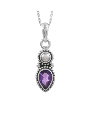 Amethyst & Pearl Pendant 925 Sterling Silver Handmade Boho Necklace