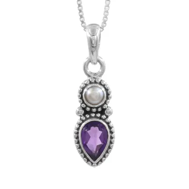 Amethyst & Pearl Pendant 925 Sterling Silver Handmade Boho Necklace