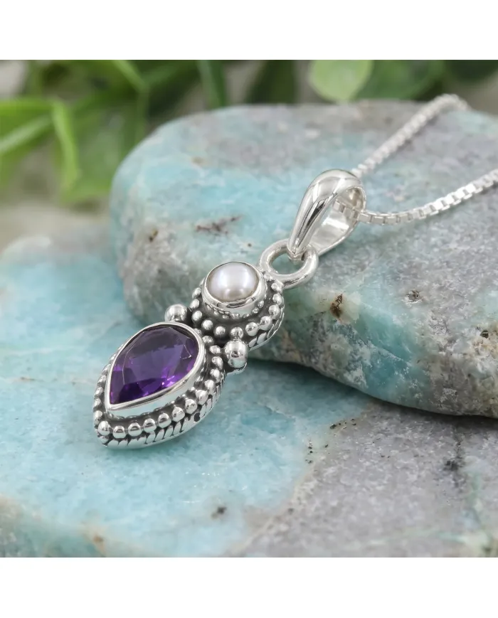 Amethyst & Pearl Pendant 925 Sterling Silver Handmade Boho Necklace
