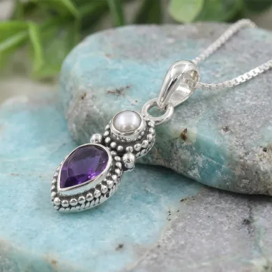Amethyst & Pearl Pendant 925 Sterling Silver Handmade Boho Necklace