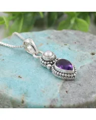 Amethyst & Pearl Pendant 925 Sterling Silver Handmade Boho Necklace