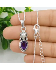Amethyst & Pearl Pendant 925 Sterling Silver Handmade Boho Necklace